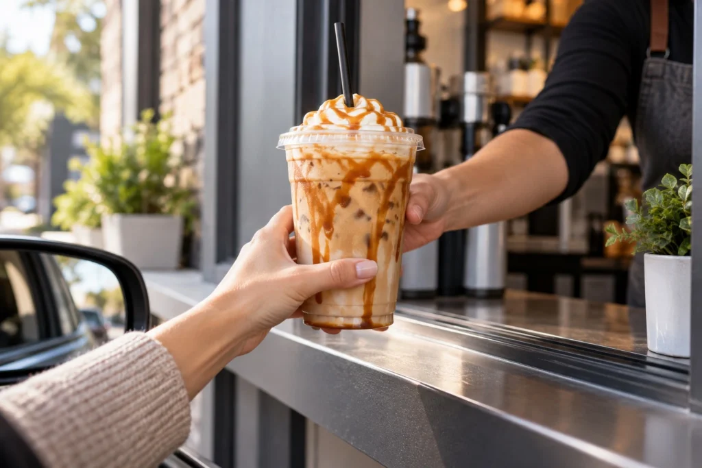 Ordering an iced 7 Brew Blondie style coffee at a drive thru