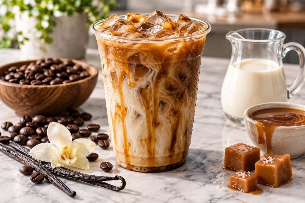 7 Brew Blondie ingredients with vanilla caramel espresso and cream