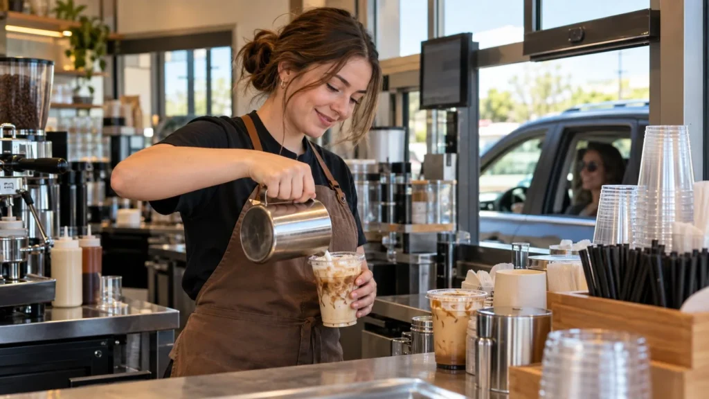 7 Brew Brewista preparing drinks at coffee shop