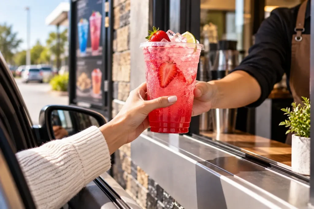 Ordering a colorful iced drink at a modern drive thru coffee stand