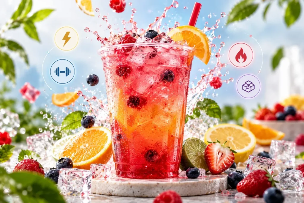 Colorful 7 Brew inspired energy drink with ice showing a fresh caffeine and nutrition concept