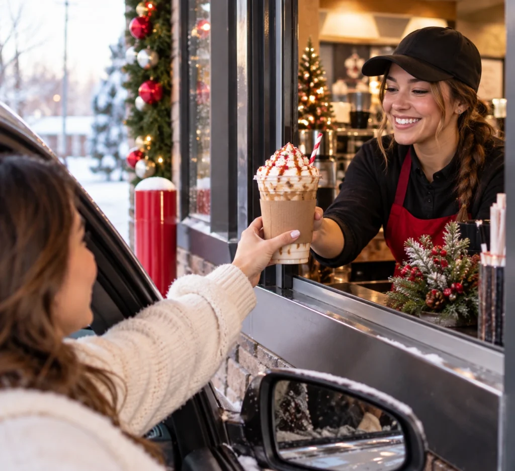 Customer ordering a seasonal drink at a 7 Brew drive-thru