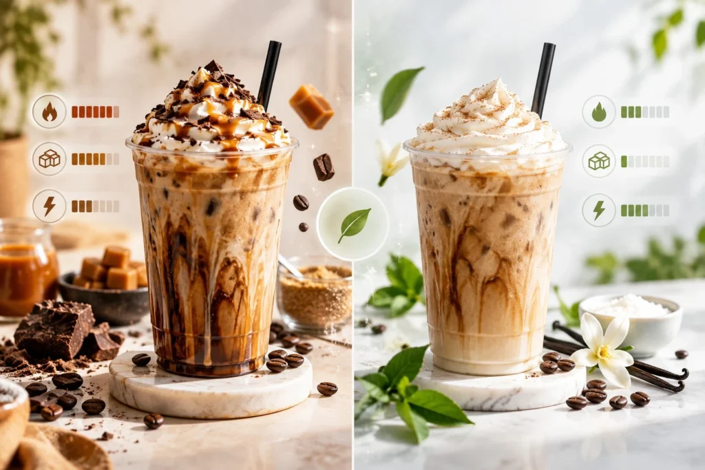 Comparison of regular and sugar free 7 Brew inspired drinks showing lighter and richer drink
