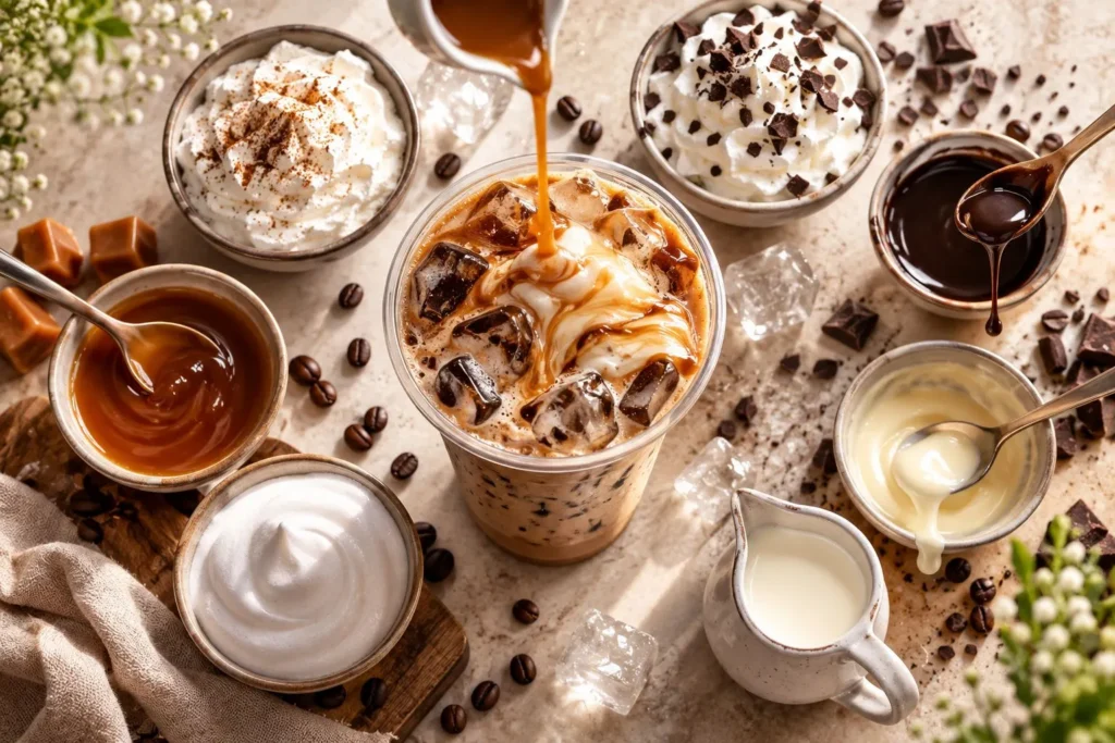 7 Brew inspired iced coffee with cold foam whipped cream and drizzle add ons that affect calories and sugar
