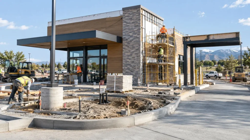 7 Brew Drive-thru coffee stand under construction with workers and building equipment