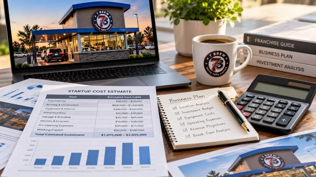 7 brew Franchise Disclosure Document with calculator, pen and financial paperwork on office desk