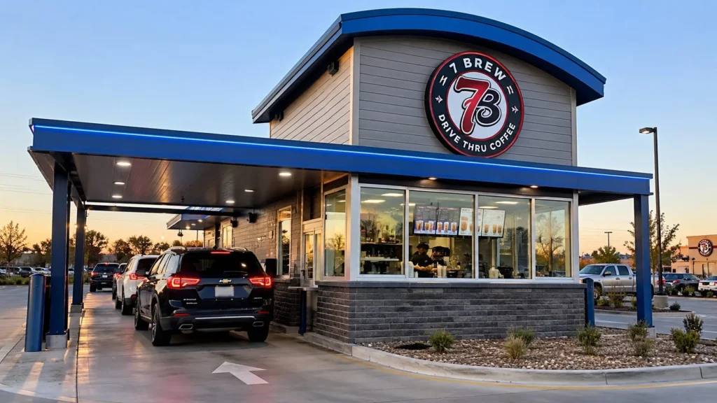 7 Brew franchise cost planning with drive-thru coffee stand and startup investment documents