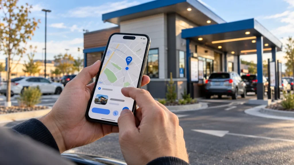 Checking what time 7 Brew closes and finding a nearby location on a smartphone