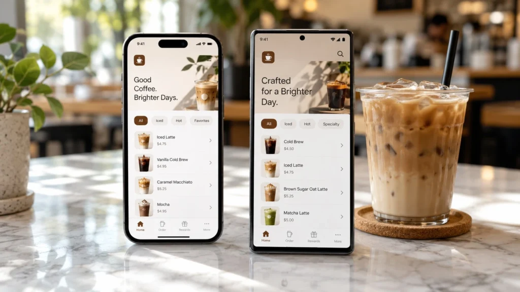 Does 7 Brew Have an App? A coffee app concept shown on iPhone and Android phones with menu browsing and ordering options.