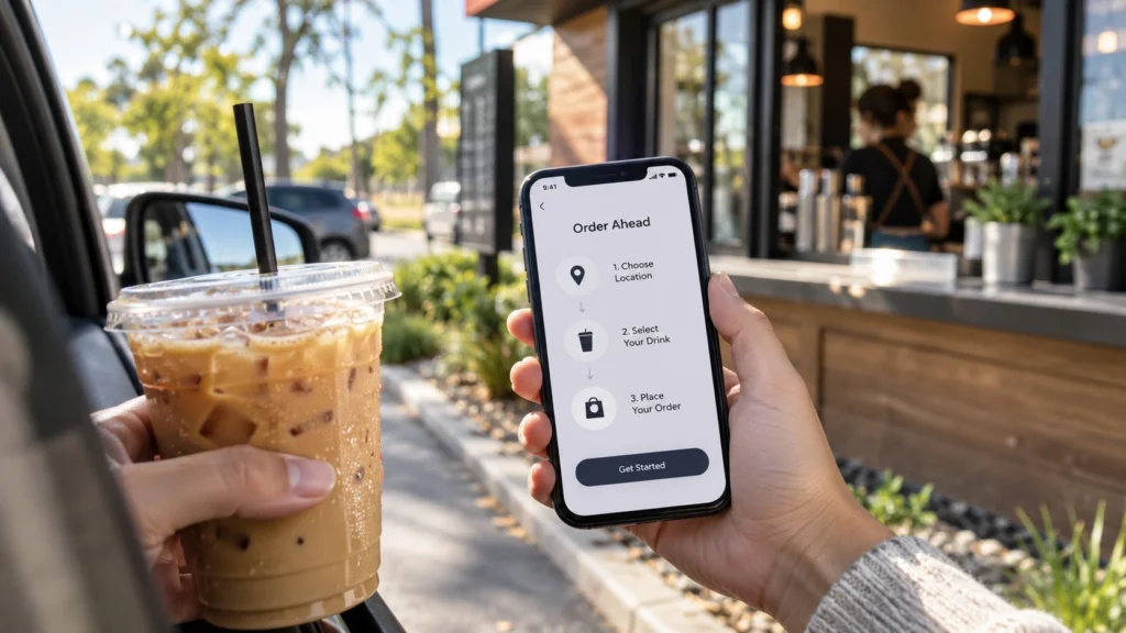 Customer placing a 7 Brew mobile order ahead on a smartphone before visiting a drive-through coffee stand.