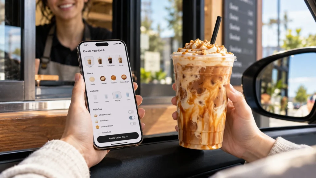 Customer customizing an iced coffee order on a smartphone with flavor, ice level and topping options at a drive-through.