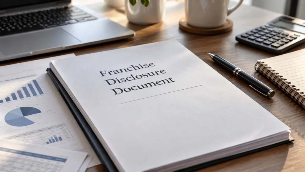 Franchise Disclosure Document with calculator, pen and financial paperwork on office desk