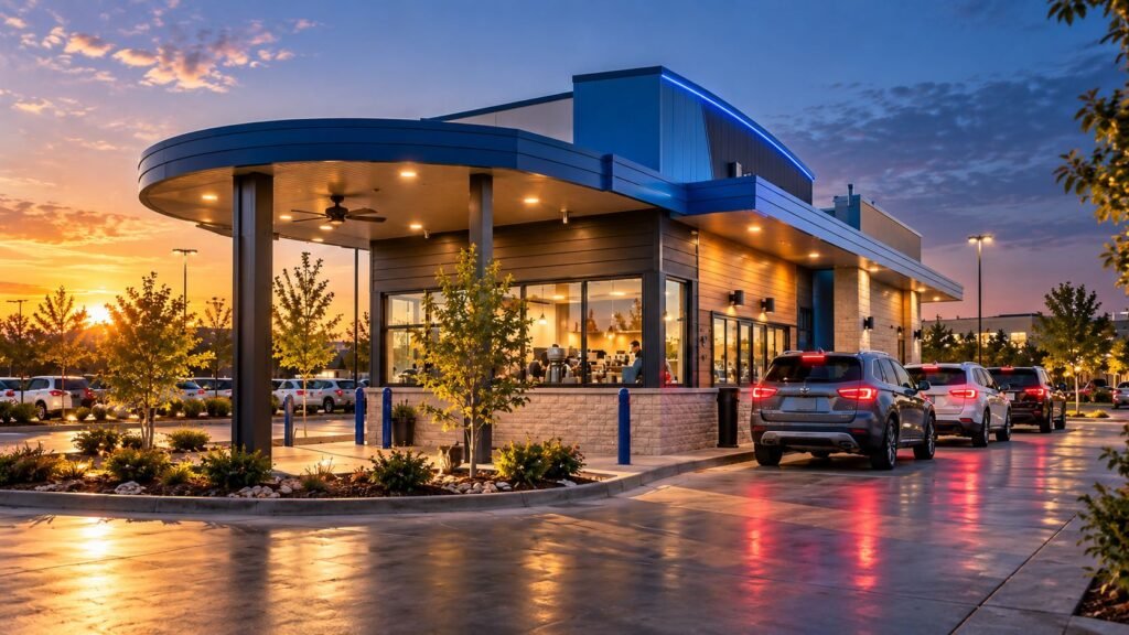 7 Brew drive-thru coffee stand transitioning from daytime to evening closing hours